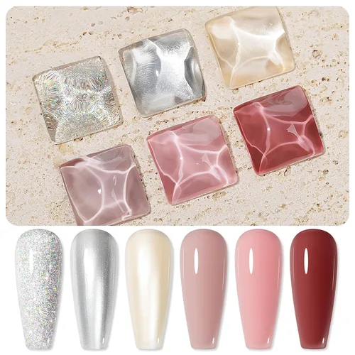 Miniatura 8 de Juego de esmaltes de uñas regulares de secado rápido, 6 colores plateados con purpurina metálica y esmalte de uñas de gelatina rosa y rojo nude