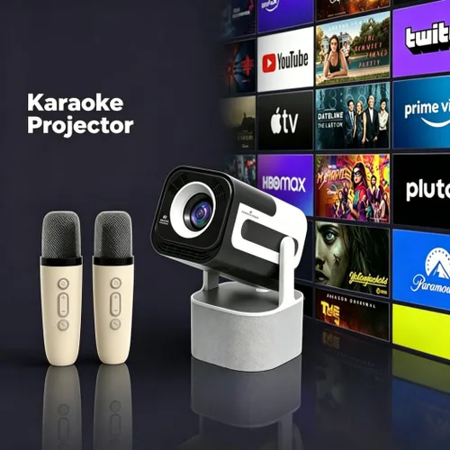 Miniatura 2 de Proyector portátil KTV JY320, mini proyector compatible con 4K con 2 micrófonos inalámbricos, WiFi6, Bluetooth, giratorio de 180°, proyector de cine