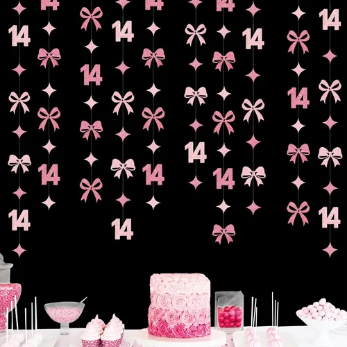 Miniatura 8 de Decoración de cumpleaños número 14, color negro, con número 14, guirnalda de estrellas con puntos circulares, metálica, para colgar banderines