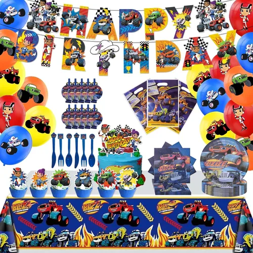 133 piezas de suministros para fiesta de cumpleaños de Monster Truck, incluye pancarta, bolsa de regalo, sopladores de fiesta, mantel, decoración de