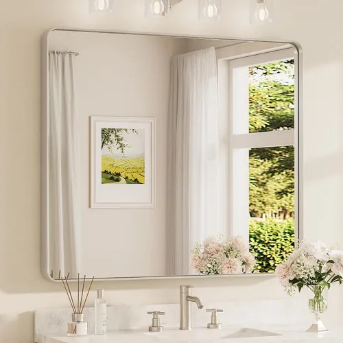 Miniatura 95 de TETOTE Espejo de marco dorado cepillado de 16 x 24 pulgadas, espejo de tocador de baño de latón dorado para pared, espejo enmarcado rectangular