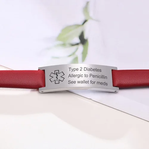 Miniatura 3 de MPRAINBOW Pulsera de alerta médica personalizada para mujer, correa de reloj de cuero genuino, grabado de doble cara, diabetes, epilepsia, joyería