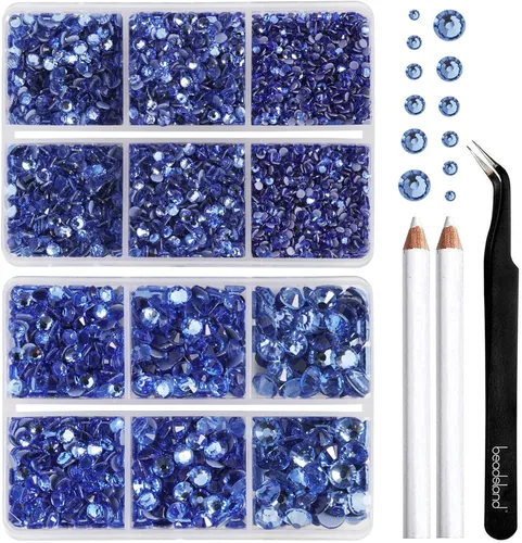 Miniatura 19 de BEADSLAND Hotfix - 6080 diamantes de imitación azul oscuro para ropa y manualidades, mezclados en 6 tamaños con kit de lápiz de cera y pinzas, Zafiro