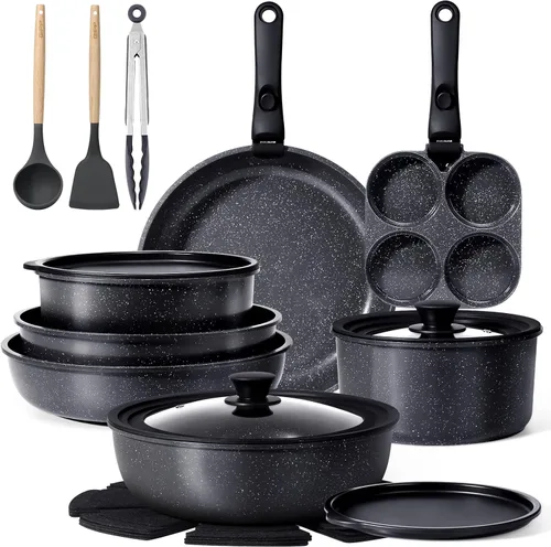 GiPP - Juego de ollas y sartenes de cerámica antiadherentes, con mango desmontable, juego de utensilios de cocina, sin PFAS, PFOA y PTFE, apto para