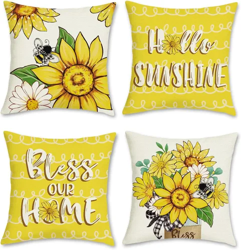 Miniatura 8 de Bonhause Juego de 4 fundas de cojín decorativas de 18 x 18 pulgadas con diseño de margaritas de gnomos y flores de primavera y verano, camión, Love
