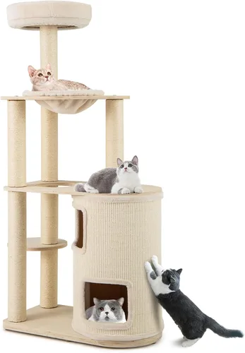 Tangkula Torre de árbol para gatos, torre de madera moderna de varios niveles para gatos de 60 pulgadas con condominio de 2 pisos, postes rascadores