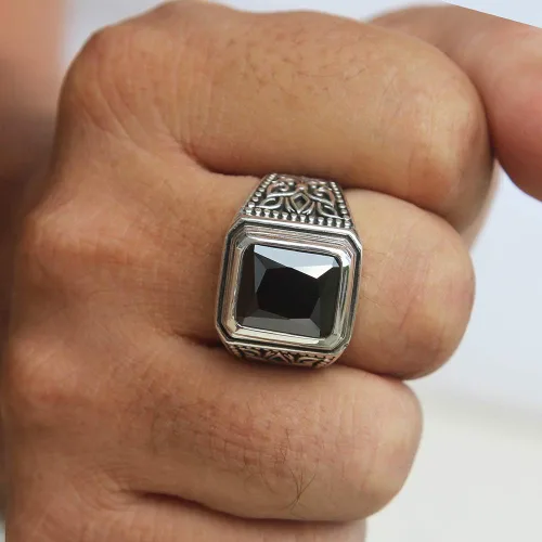 Miniatura 6 de Juego de anillos de plata de ley 925 maciza con piedra de ónix negro