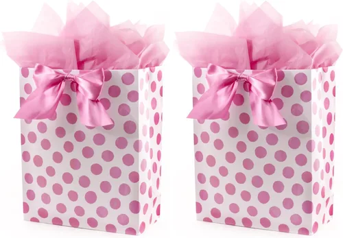 Miniatura 7 de Hallmark Bolsa de regalo extra grande de 15 pulgadas con papel de seda (lunares rosas y lazo) para cumpleaños, Pascua, baby showers, despedidas