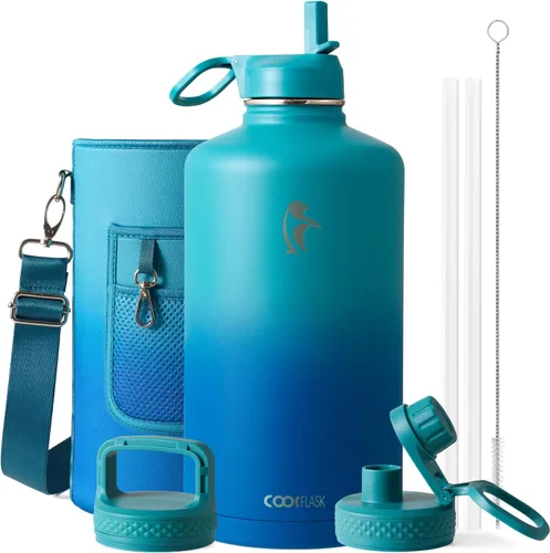 Miniatura 107 de Coolflask Botella de agua de 20 onzas aislada con pajilla, 3 tapas de metal de acero inoxidable, botella de agua de boca ancha para deportes u