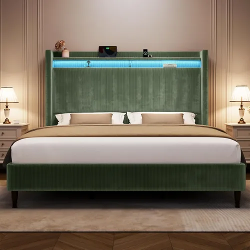 Miniatura 14 de Base de cama tamaño King con cabecera alta, base de cama tapizada con estación de carga y luces LED, moderna cabecera de almacenamiento con respaldo