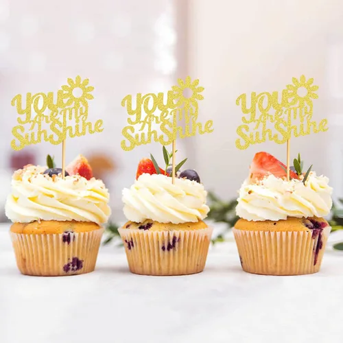 Miniatura 3 de 24 adornos dorados con purpurina para cupcakes con texto en inglés "You are My Sunshine", para baby shower, baby shower, revelación de género