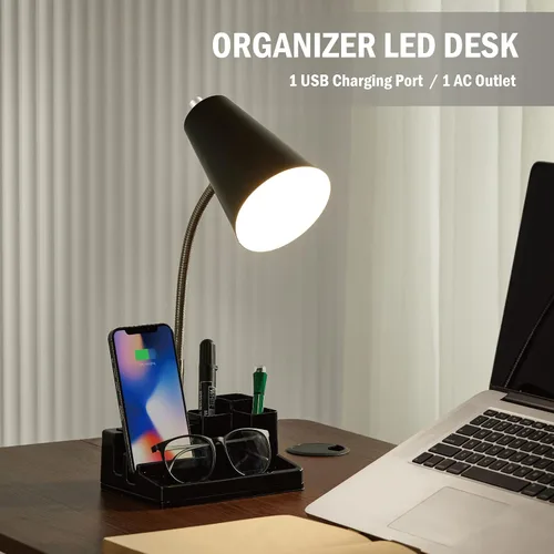 Miniatura 2 de HonoDing Lámpara de escritorio E26 con 1 puerto de carga USB y 1 toma de corriente AC, base organizadora, cuello ajustable, interruptor