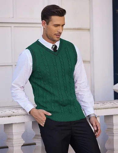 Miniatura 3 de COOFANDY Suéter para hombre, cuello en V, ajustado, casual, sin mangas, tejido trenzado