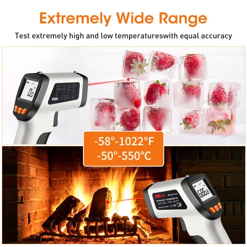 Miniatura 2 de Pistola de temperatura con termómetro láser IR, -58 °F a 1022 °F, pistola de temperatura infrarroja sin contacto con emisividad ajustable y pantalla