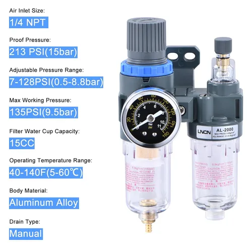 Miniatura 3 de Filtro de aire de compresor de 1/4 pulgadas Regulador de presión Filtro separador de trampa de agua y aceite con copa lubricante AFC2000 1/4 "Filtro