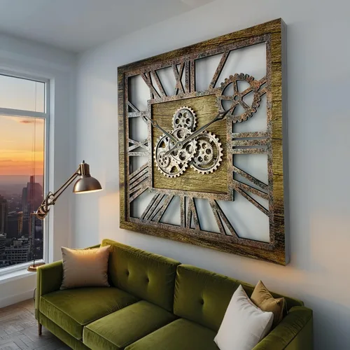 Miniatura 5 de ImprovingLife The Gears Clock - Reloj de pared cuadrado con engranaje móvil real de 24 pulgadas, estilo vintage, industrial, de gran tamaño, oro