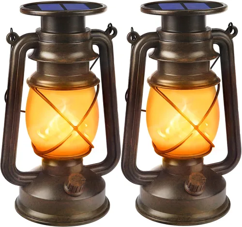 Wondrastical Faroles solares impermeables para exteriores, paquete de 2 faroles colgantes LED de llama parpadeante, luces decorativas vintage de