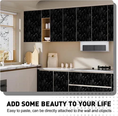 Miniatura 8 de Papel tapiz negro para despegar y pegar de 17.7 x 80 pulgadas, papel tapiz de plumas extraíble, moderno, papel de pared de vinilo impermeable, papel