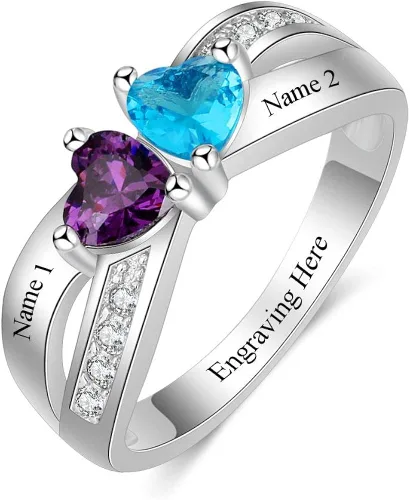 Personalized 2 Simulated Birthstone Rings for Women Mothers Ring with Names Custom Promise Rings for Women