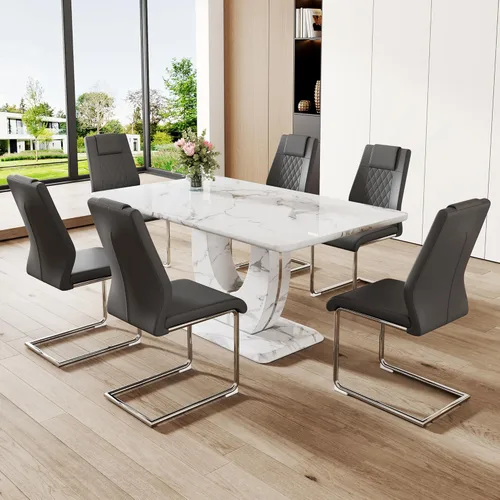 Miniatura 40 de Juego de 6 sillas de mesa de comedor para 6, juego de 6, moderno juego de comedor con mesa de comedor de mármol de 63 pulgadas, sillas tapizadas