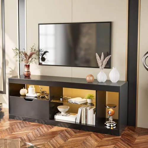 Miniatura 3 de YESHOMY Moderno soporte de TV LED para televisores de hasta 65 pulgadas con estantes y cajones de vidrio, centro de entretenimiento
