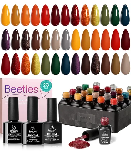 Beetles - Juego de esmaltes de uñas de gel, 20 colores, colección Cozy Campfire Shade, juego de esmaltes de gel naranja, amarillo, verde, marrón,