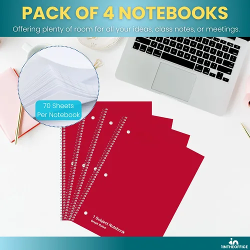 Miniatura 6 de 1InTheOffice Cuaderno de espiral de papel cuadriculado de 8.5 x 11, cuaderno a rayas gráficas de 5 cuadrados por pulgada, rojo, 70 hojas, 8 x 10.5