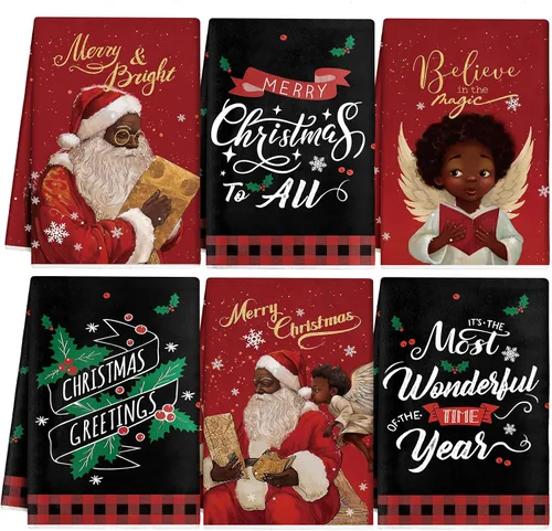 Hosuly 6 Piezas Toallas de Cocina Navideñas Afroamericanas Paños de Platos de Santa Negro Toallas de Mano Navideñas Negras y Rojas Santa Ángel Acebo