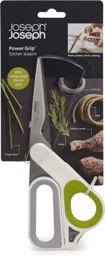 Miniatura 8 de Joseph Joseph PowerGrip Tijeras de cocina con agarre para el pulgar y separador de hierbas para limpiar acero inoxidable japonés, blanco/verde