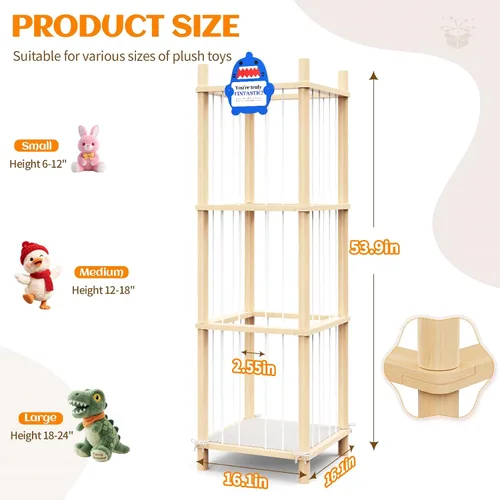 Miniatura 2 de Organizador grande de almacenamiento de animales de peluche y juguetes, 3 capas de 54 pulgadas de madera, lindo soporte de juguetes de zoológico