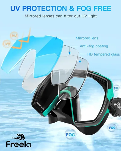 Miniatura 3 de Freela Adult Snorkel Diving Mask with Nose Cover, Tempered Glass Anti Fog Waterproof 180° Panoramic Wide View Scuba Free Diving Goggles for Men Women
