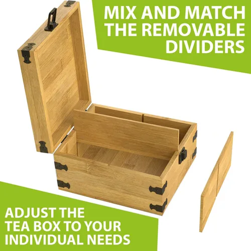 Miniatura 8 de Caja Organizadora de Té 7.4" x 8.1" x 4.2" Organizador de Madera de Bambú Cofre de Almacenamiento 4 Ranuras Altas Ajustables 100% Hecho a Mano