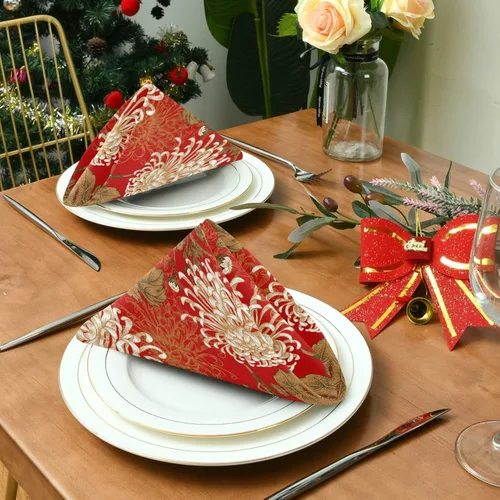 Miniatura 3 de ALAZA Juego de 6 servilletas de tela de crisantemo blancas sobre rojo, servilletas de mesa reutilizables, tela de poliéster lavable para cóctel