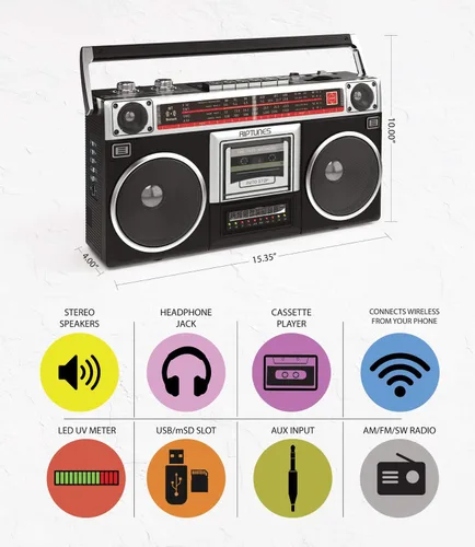 Miniatura 2 de Riptunes Boombox Radio Reproductor Grabador de Casetes, Radio AM/FM -SW1/SW2, Transmisión Inalámbrica, Ranuras USB/Micro SD, Entrada Aux, Conector
