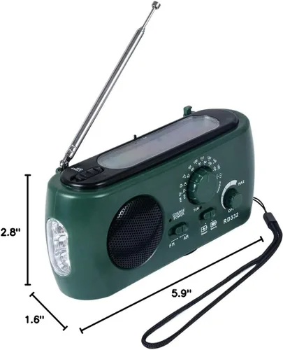 Miniatura 8 de Radio de emergencia, color verde Cargador solar y de manivela, linterna de 3 LED, banco de energía de 500 mAh, radio FM/AM, cargador de teléfono