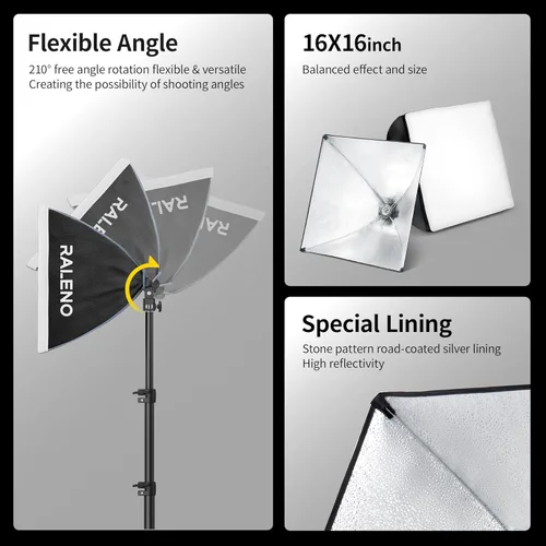 Miniatura 6 de Kit de iluminación de Softbox para fotografía RALENO, caja de luz de 16'' x 16'' para TikTok con bombilla LED (50W 5500K 97 CRI TLCI≥97), luz