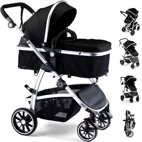 Hagaday Cochecito de bebé, asiento reversible 2 en 1 para niños pequeños con modo moisés, cochecito infantil plegable con toldo, freno de un botón,