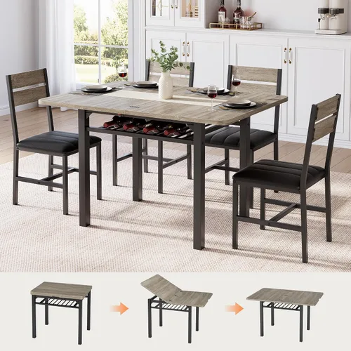 MapleGrace Juego de mesa de comedor para 4, mesa de cocina extensible con 4 sillas de comedor tapizadas de piel sintética, juego de mesa de cocina