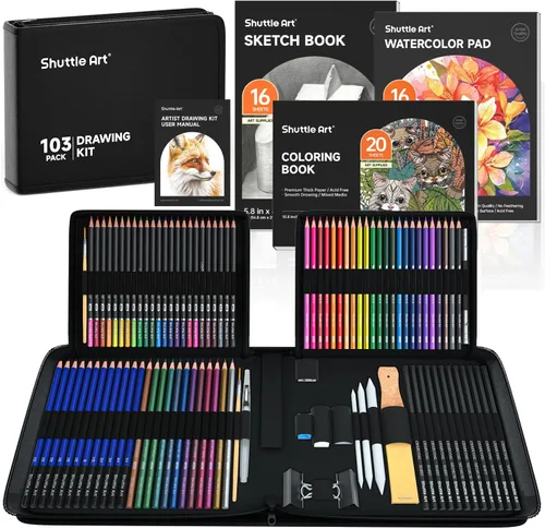 Shuttle Art Kit de dibujo de 103 piezas, suministros de dibujo profesional con boceto, carbón, colores, grafito, lápices y palos pastel,
