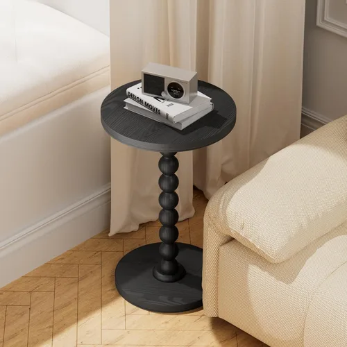 Miniatura 7 de Mesa auxiliar redonda, mesa de bebidas para espacios pequeños, mesita de noche moderna con patas de madera de goma para sala de estar, dormitorio