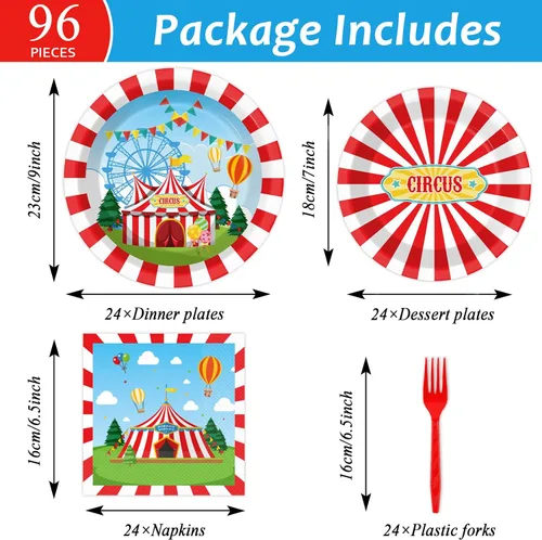 Miniatura 2 de Tevxj Juego de vajilla de circo de 96 piezas con temática de carnaval, platos de postre desechables, platos de fiesta de circo, servilletas