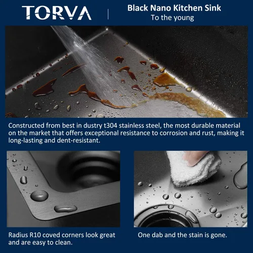 Miniatura 6 de TORVA - Fregadero de cocina de montaje bajo con revestimiento cerámico negro brillante de 25 x 18 pulgadas con NanoTek, fregadero de acero