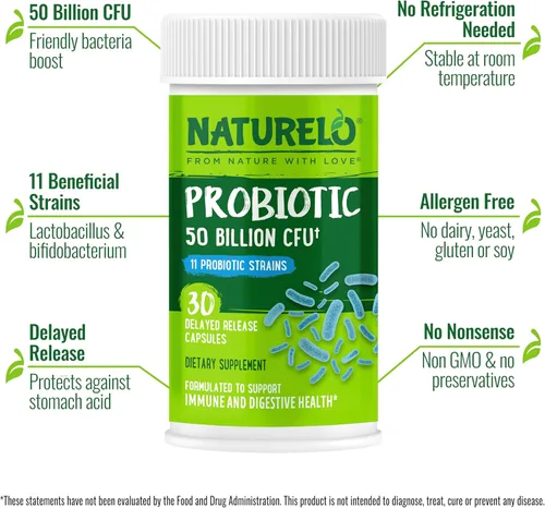 Miniatura 2 de NATURELO Probióticos para la salud digestiva - 50 mil millones de UFC, suplemento diario de 11 cepas - Estimula el sistema inmunológico, liberación