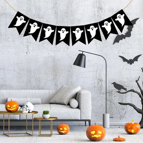 Miniatura 7 de Doumeny Pancarta de arpillera de fantasma de Halloween, guirnalda espeluznante, guirnalda espeluznante, pancarta negra para fiesta, bandera de truco