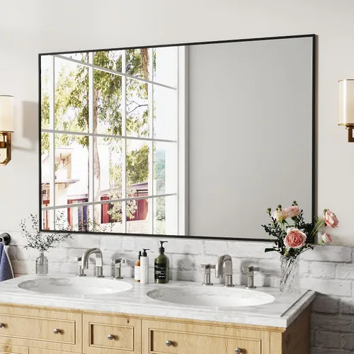 Espejo de baño con marco de metal negro mate, espejo rectangular de tocador de 55 x 36 pulgadas, espejo de pared rectangular grande, antioxidante,