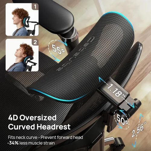 Miniatura 5 de Silla de oficina ergonómica con soporte lumbar, más de 10 horas sentado, cómodo, sillas de escritorio de malla grandes y altas, reposacabezas 4D