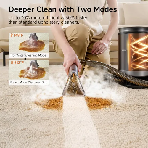 Miniatura 2 de Uwant Limpiador de alfombras portátil con vapor y agua caliente, 18 Kpa, máquina limpiadora de tapicería para mascotas con herramientas de limpieza