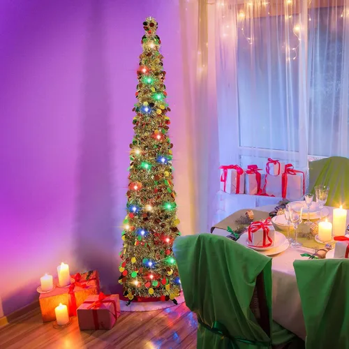 Miniatura 2 de Aoriher Árbol de Navidad de Oropel Dorado Preiluminado Emergente de 5 pies, Decoración Reutilizable Plegable con Lentejuelas Artificiales, Árbol