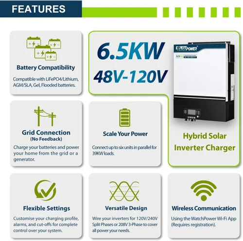 Miniatura 3 de ExpertPower Inversor solar híbrido de 6500 W 48 V - 120 V Controlador solar MPPT de 120 A Fase dividida de 120 V/240 V (2 unidades necesarias)