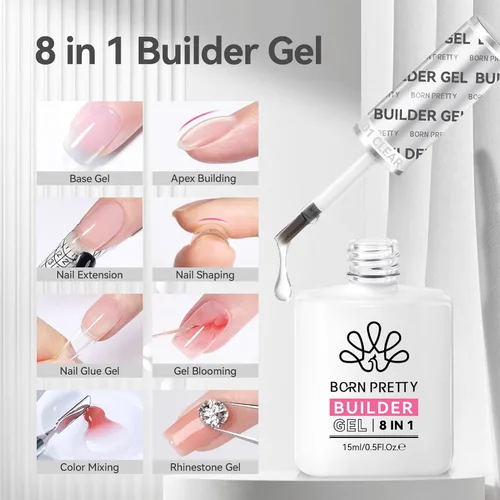 Miniatura 2 de BORN PRETTY Gel Constructor para Uñas, Gel de Construcción de Uñas de 8 en 1 Transparente para la Cúspide de la Uña y Fortalecedor de Extensión